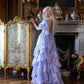 Sparkling Square Neck Purple Prom Dress Sequins Short Sleeve Tiered A-Line Evening Dress D0709