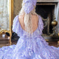 Sparkling Square Neck Purple Prom Dress Sequins Short Sleeve Tiered A-Line Evening Dress D0709