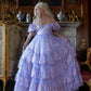 Sparkling Square Neck Purple Prom Dress Sequins Short Sleeve Tiered A-Line Evening Dress D0709