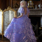 Sparkling Square Neck Purple Prom Dress Sequins Short Sleeve Tiered A-Line Evening Dress D0709
