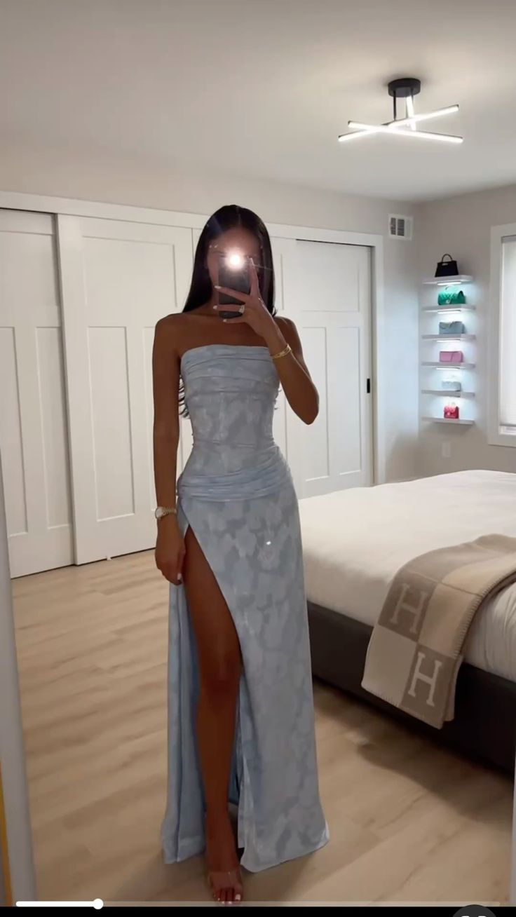 Chic Strapless Blue Long Prom Dress Jacquard Slit Sheath Evening Dress D0712