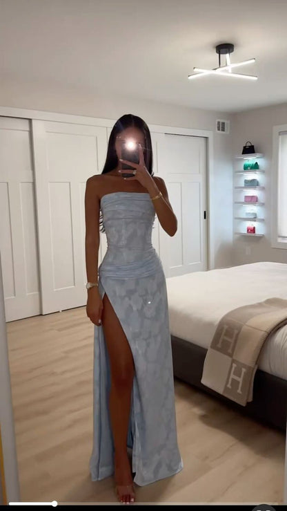 Chic Strapless Blue Long Prom Dress Jacquard Slit Sheath Evening Dress D0712