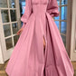 Attractive Square Neck Pink Prom Dress Long Sleeve Slit A-Line Evening Dress D0713