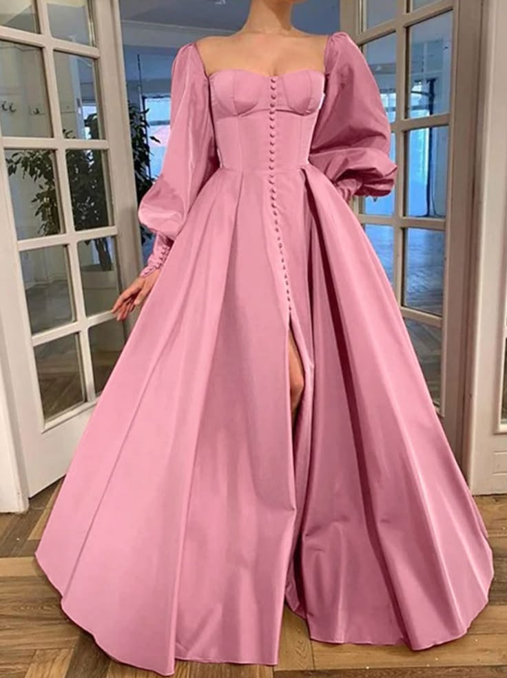 Attractive Square Neck Pink Prom Dress Long Sleeve Slit A-Line Evening Dress D0713