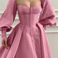 Attractive Square Neck Pink Prom Dress Long Sleeve Slit A-Line Evening Dress D0713