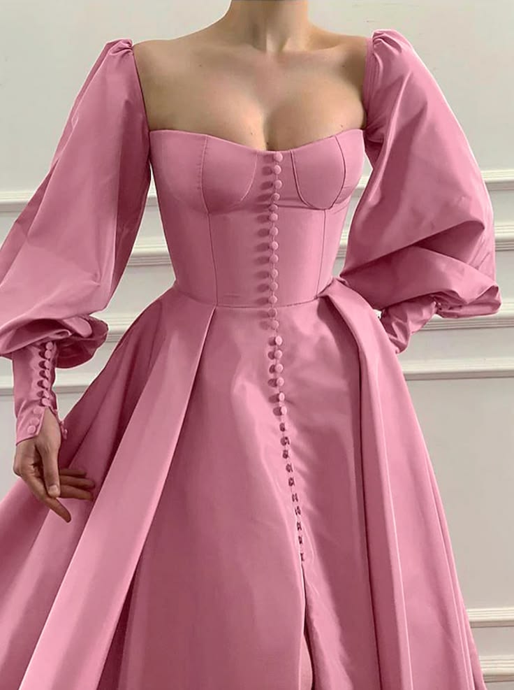 Attractive Square Neck Pink Prom Dress Long Sleeve Slit A-Line Evening Dress D0713