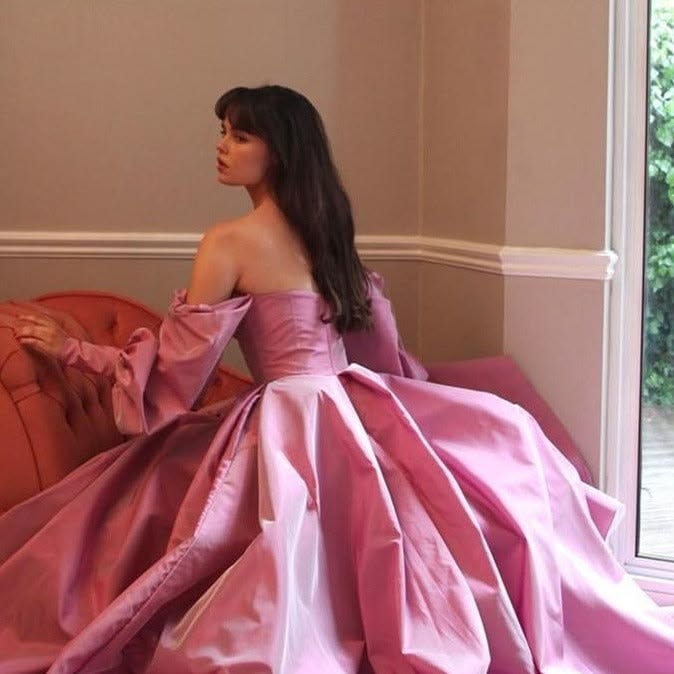 Attractive Square Neck Pink Prom Dress Long Sleeve Slit A-Line Evening Dress D0713