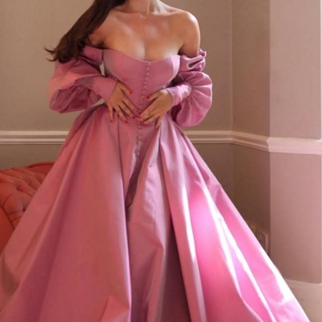 Attractive Square Neck Pink Prom Dress Long Sleeve Slit A-Line Evening Dress D0713