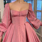 Attractive Square Neck Pink Prom Dress Long Sleeve Slit A-Line Evening Dress D0713