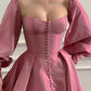 Attractive Square Neck Pink Prom Dress Long Sleeve Slit A-Line Evening Dress D0713