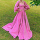 Attractive Square Neck Pink Prom Dress Long Sleeve Slit A-Line Evening Dress D0713