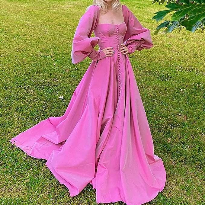 Attractive Square Neck Pink Prom Dress Long Sleeve Slit A-Line Evening Dress D0713