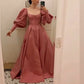 Attractive Square Neck Pink Prom Dress Long Sleeve Slit A-Line Evening Dress D0713