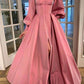 Attractive Square Neck Pink Prom Dress Long Sleeve Slit A-Line Evening Dress D0713
