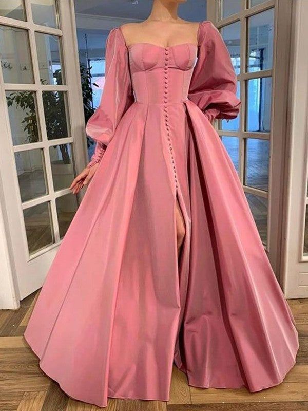 Attractive Square Neck Pink Prom Dress Long Sleeve Slit A-Line Evening Dress D0713