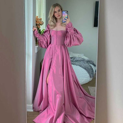 Attractive Square Neck Pink Prom Dress Long Sleeve Slit A-Line Evening Dress D0713
