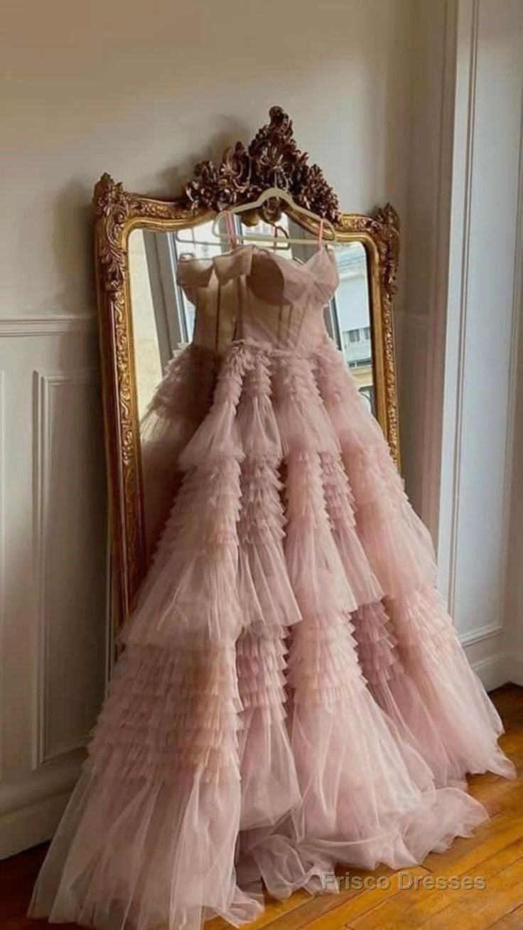 Graceful Off The Shoulder Prom Dress Pastel Pink Ruffles Tulle A-Line Evening Dress D0716