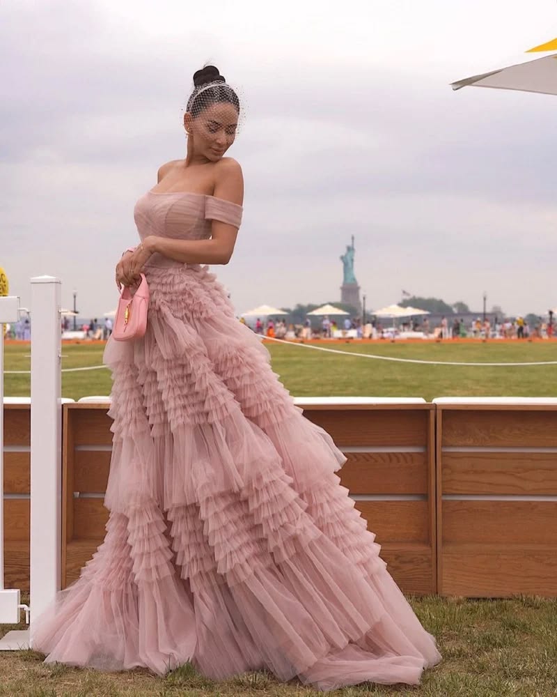 Graceful Off The Shoulder Prom Dress Pastel Pink Ruffles Tulle A-Line Evening Dress D0716
