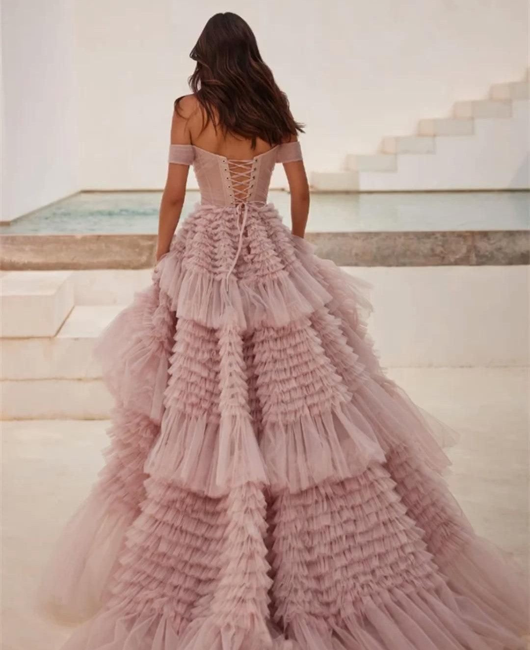 Graceful Off The Shoulder Prom Dress Pastel Pink Ruffles Tulle A-Line Evening Dress D0716