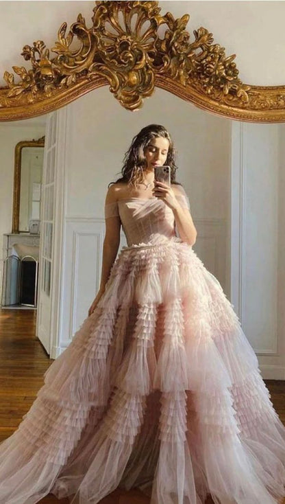 Graceful Off The Shoulder Prom Dress Pastel Pink Ruffles Tulle A-Line Evening Dress D0716