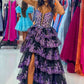 Fascinating Spaghetti Straps Prom Dress Purple Sequins Slit Tiered A-Line Evening Dress D0717