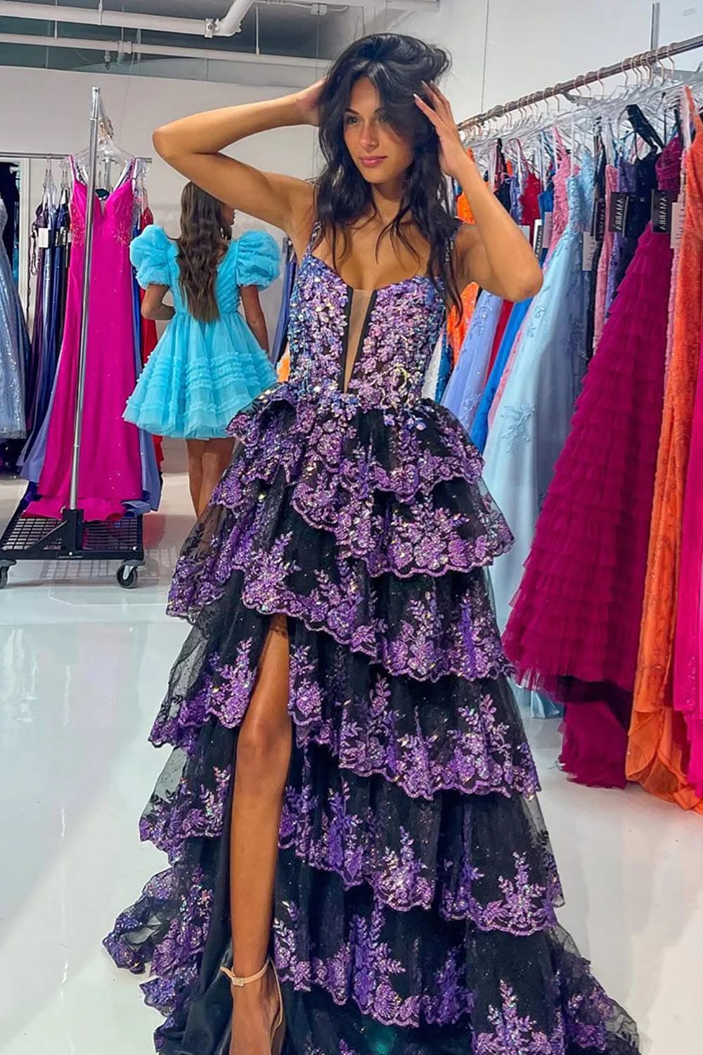 Fascinating Spaghetti Straps Prom Dress Purple Sequins Slit Tiered A-Line Evening Dress D0717