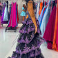 Fascinating Spaghetti Straps Prom Dress Purple Sequins Slit Tiered A-Line Evening Dress D0717