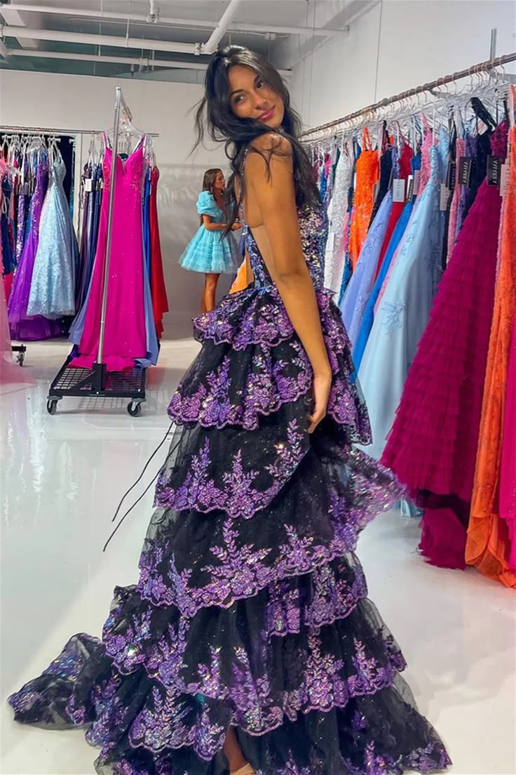 Fascinating Spaghetti Straps Prom Dress Purple Sequins Slit Tiered A-Line Evening Dress D0717