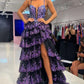 Fascinating Spaghetti Straps Prom Dress Purple Sequins Slit Tiered A-Line Evening Dress D0717