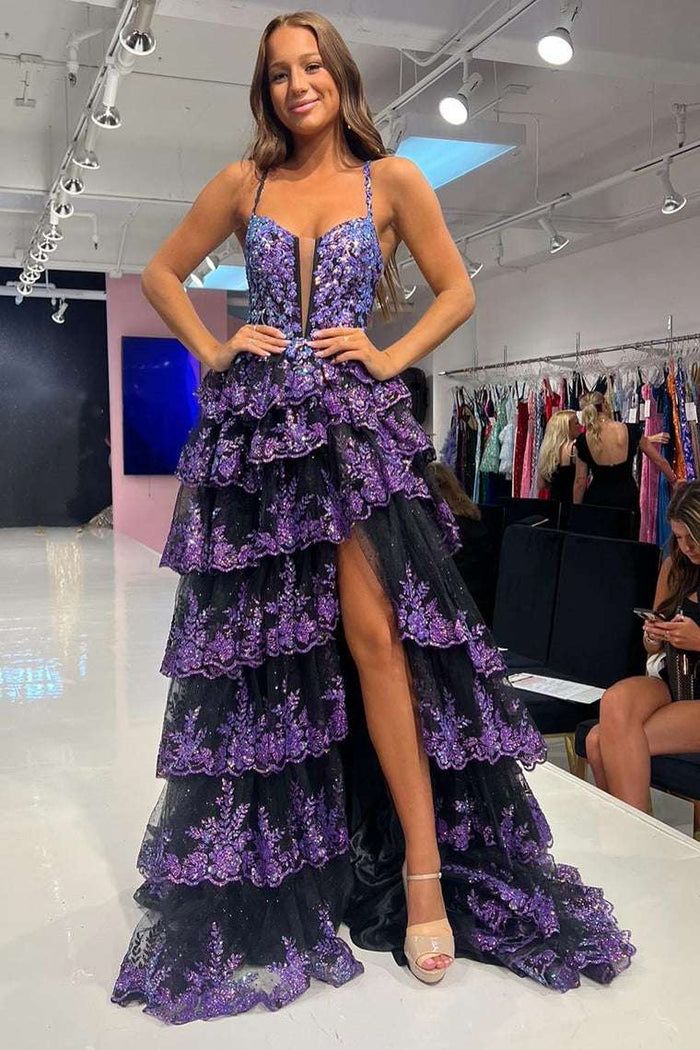 Fascinating Spaghetti Straps Prom Dress Purple Sequins Slit Tiered A-Line Evening Dress D0717