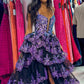Fascinating Spaghetti Straps Prom Dress Purple Sequins Slit Tiered A-Line Evening Dress D0717