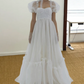 Trendy Square Neck Wedding Dresses White Ruffled Short Sleeve A-Line Bridal Dress D0718