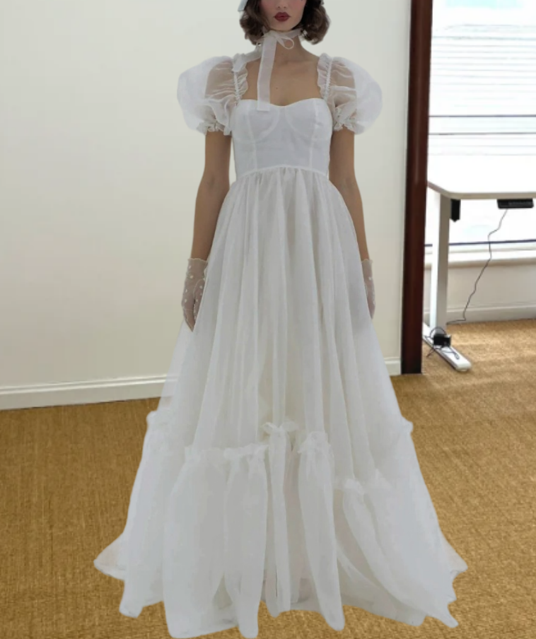 Trendy Square Neck Wedding Dresses White Ruffled Short Sleeve A-Line Bridal Dress D0718