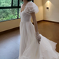 Trendy Square Neck Wedding Dresses White Ruffled Short Sleeve A-Line Bridal Dress D0718