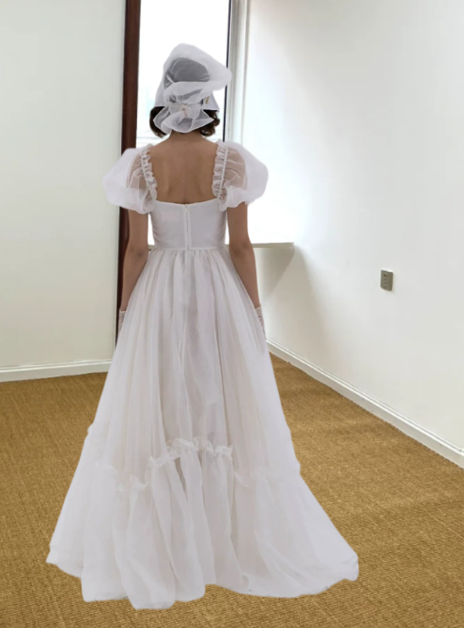 Trendy Square Neck Wedding Dresses White Ruffled Short Sleeve A-Line Bridal Dress D0718