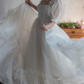Trendy Square Neck Wedding Dresses White Ruffled Short Sleeve A-Line Bridal Dress D0718