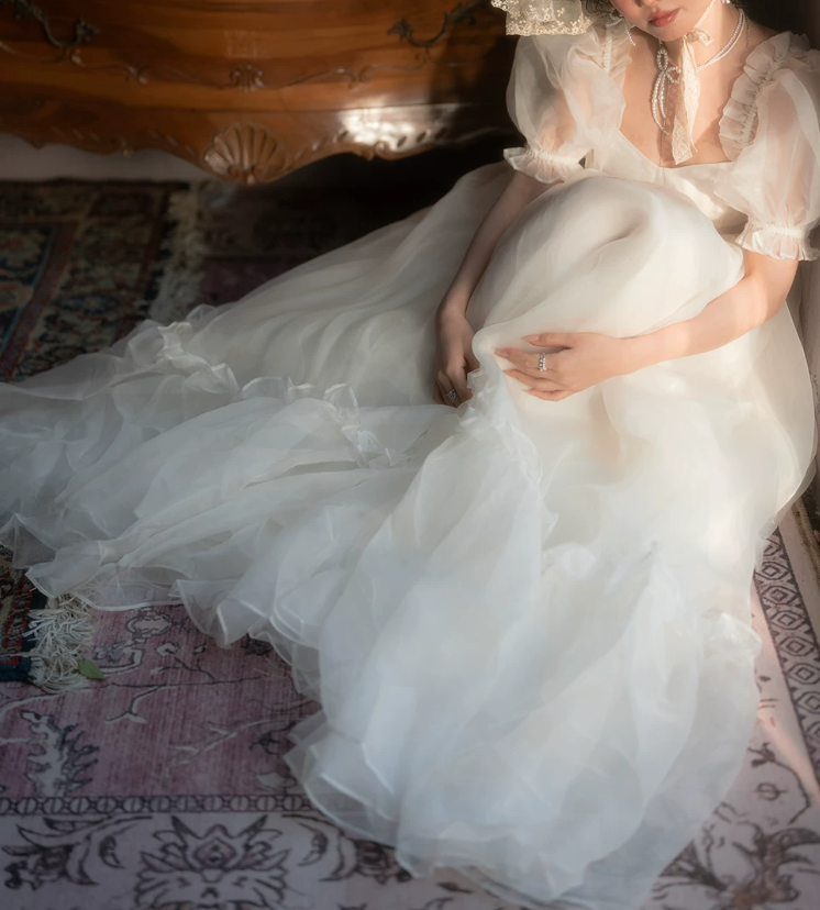 Trendy Square Neck Wedding Dresses White Ruffled Short Sleeve A-Line Bridal Dress D0718
