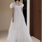 Trendy Square Neck Wedding Dresses White Ruffled Short Sleeve A-Line Bridal Dress D0718