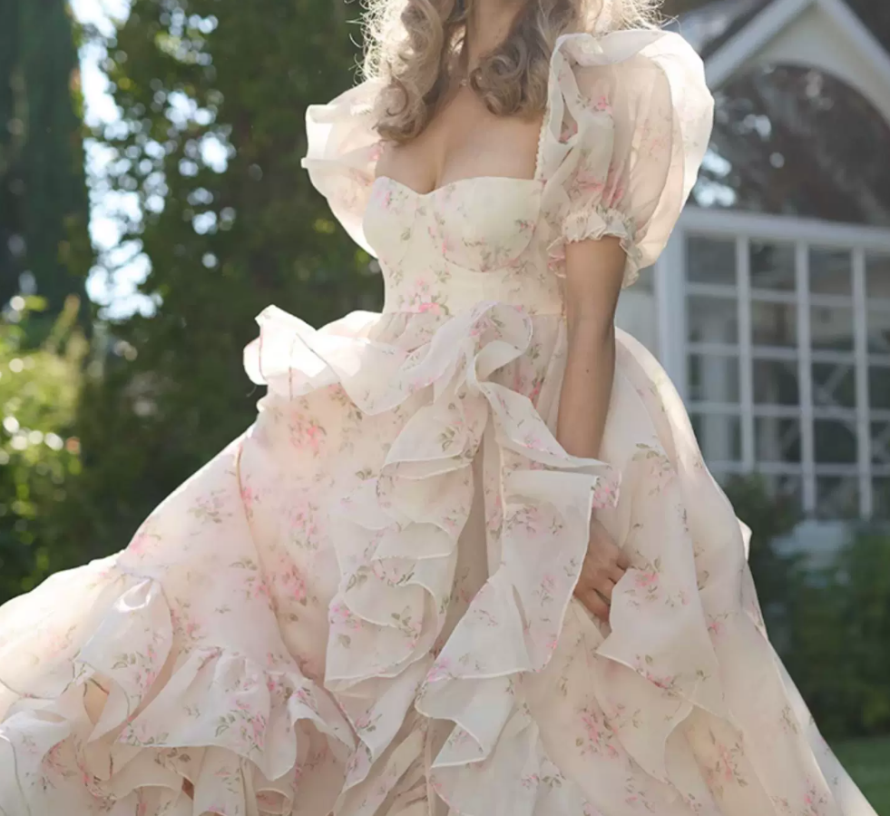 Glam Square Neck Ruffles Prom Dress Floral Short Sleeve A-Line Evening Dress D0719