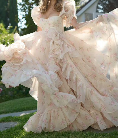 Glam Square Neck Ruffles Prom Dress Floral Short Sleeve A-Line Evening Dress D0719