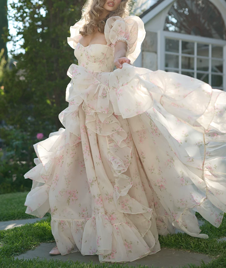 Glam Square Neck Ruffles Prom Dress Floral Short Sleeve A-Line Evening Dress D0719
