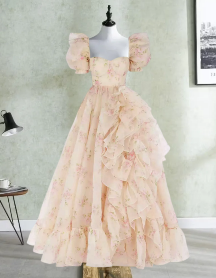 Glam Square Neck Ruffles Prom Dress Floral Short Sleeve A-Line Evening Dress D0719