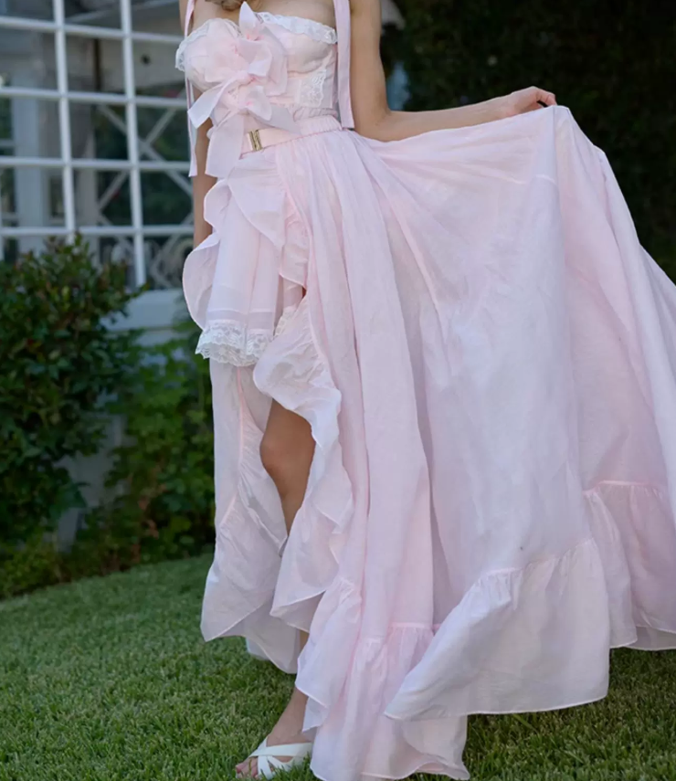 Classical Strapless Bows Prom Dress Pink Lace A-Line Evening Dress D0720