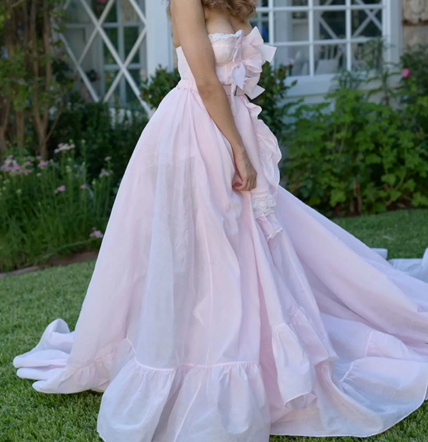 Classical Strapless Bows Prom Dress Pink Lace A-Line Evening Dress D0720