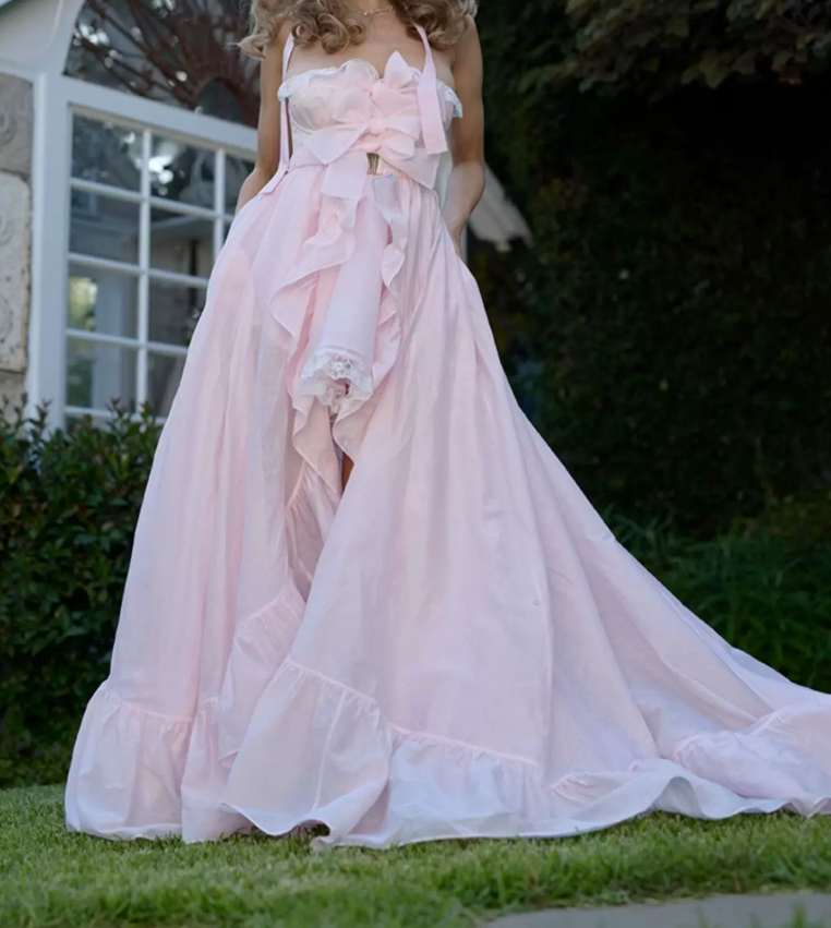 Classical Strapless Bows Prom Dress Pink Lace A-Line Evening Dress D0720