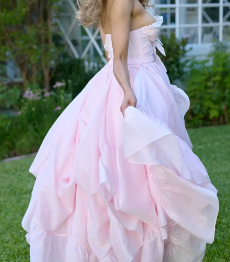 Classical Strapless Bows Prom Dress Pink Lace A-Line Evening Dress D0720