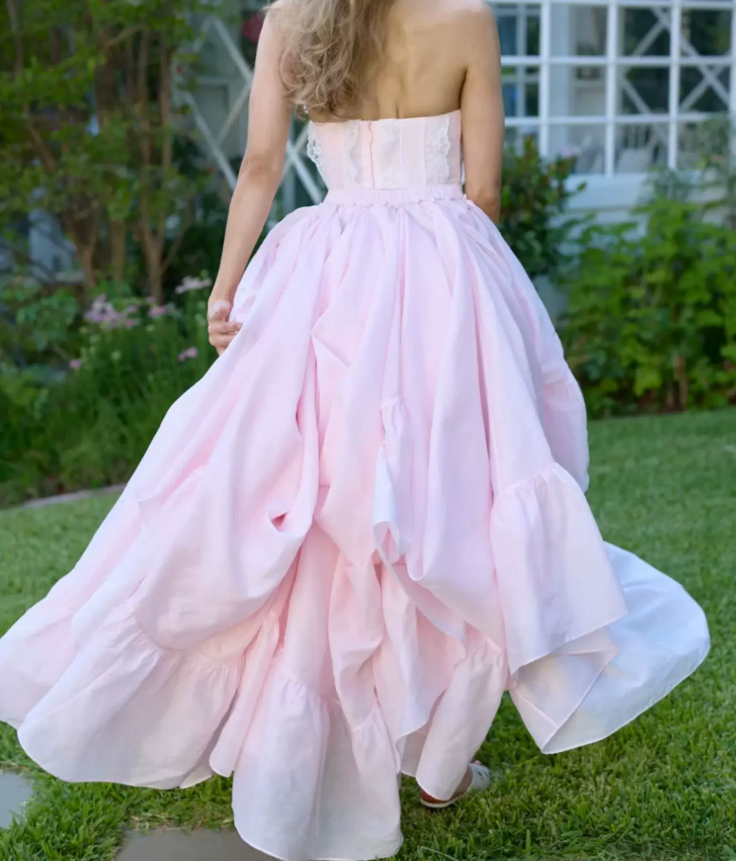 Classical Strapless Bows Prom Dress Pink Lace A-Line Evening Dress D0720