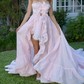 Classical Strapless Bows Prom Dress Pink Lace A-Line Evening Dress D0720