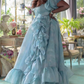 Classical Square Neck Blue Slit Prom Dress Ruffles Short Sleeve A-Line Evening Dress D0721