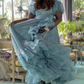 Classical Square Neck Blue Slit Prom Dress Ruffles Short Sleeve A-Line Evening Dress D0721